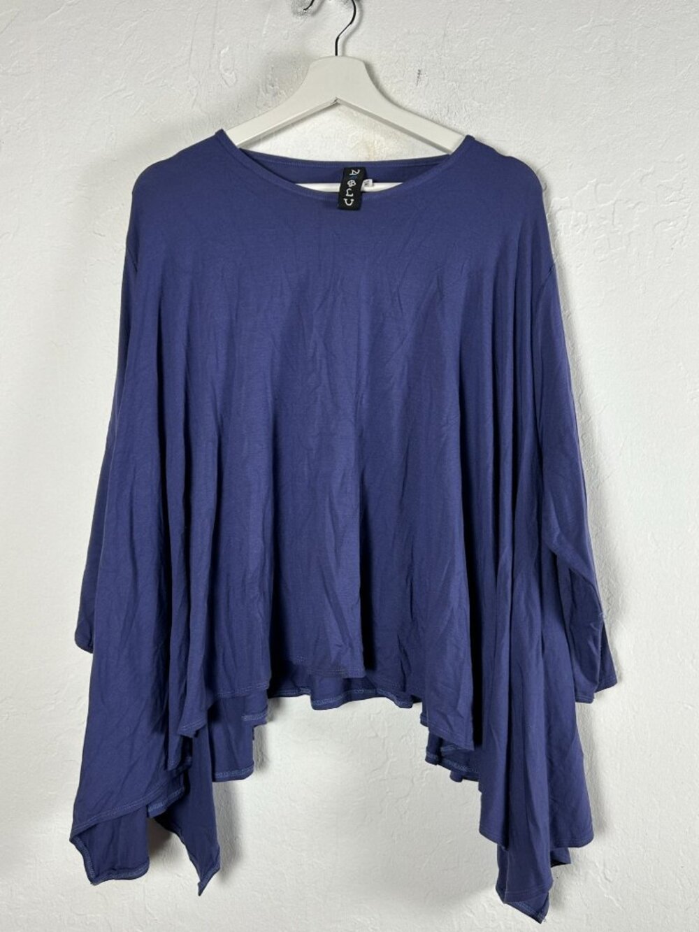 Noblu Womens Asymmetrical Hem Tunic Top M/L Blue Stretch Lagenlook Made In USA
